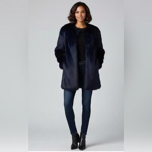 Luxurious Wendy Williams navy faux fur coat in a stunning dark midnight blue.